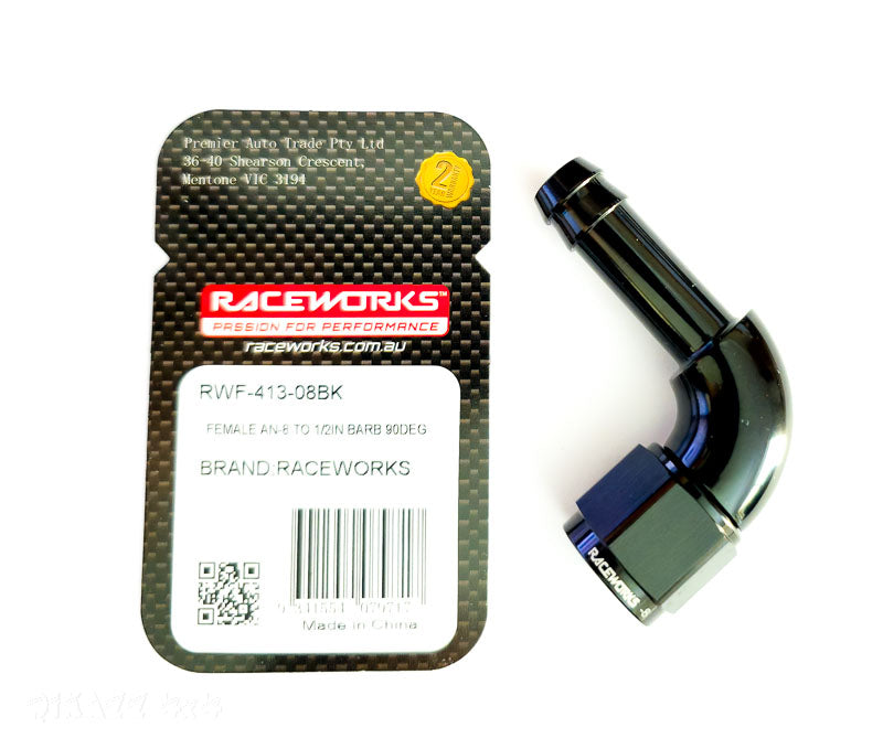 Raceworks AN-8 Female to 1/2in (12.7mm) Barbed 90 Degree - RWF-413-08BK | Raceworks
