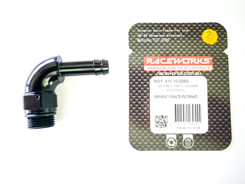 Raceworks AN10 Male ORB to 1/2" Barb (12.7mm) 90 Degree Swivel