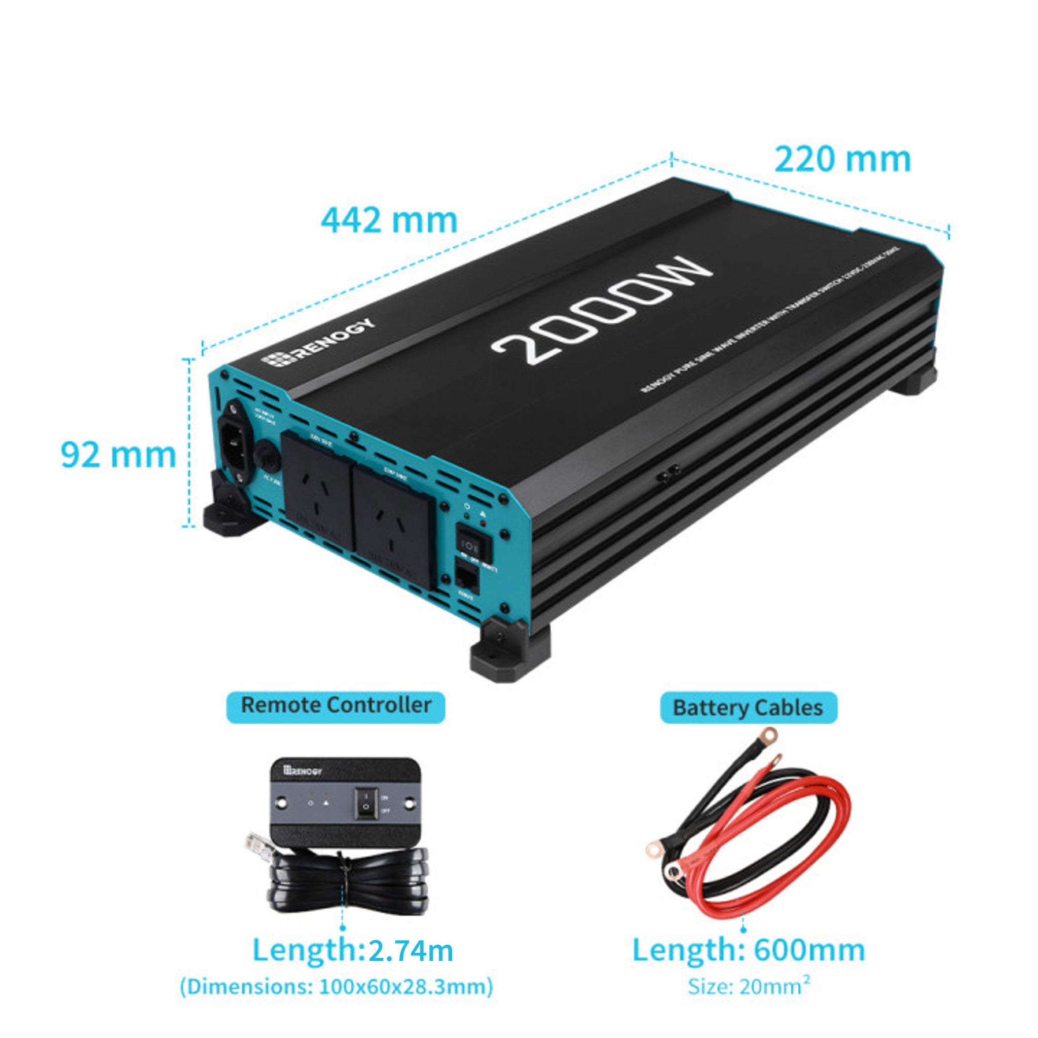 Renogy 2000W 12V to 230V/240V Pure Sine Wave Inverter (with UPS Function)