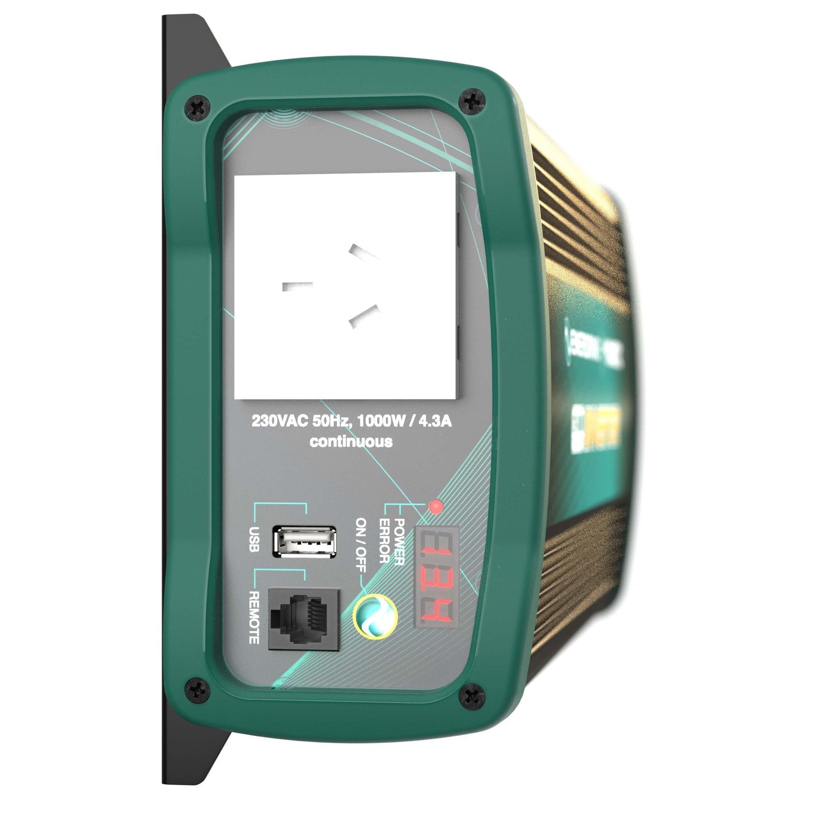 EN1110S control panel - 230VAC Australian GPO outlet, 5V USB port, on/off switch, remote jack and LED display