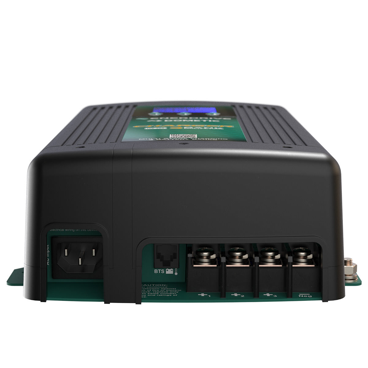 EN31220 terminal end view - AC input socket, BTS port and three positive battery bank terminals plus negative