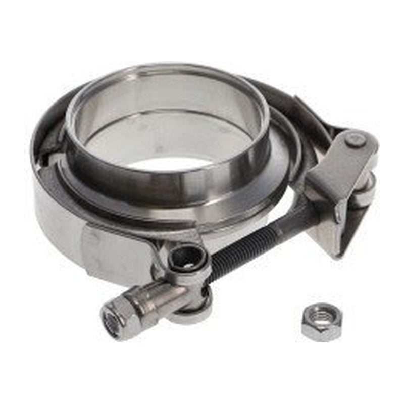 Raceworks VBC-B-300 3 inch stainless steel V-band clamp assembled over stepped weld flanges with T-bolt and nut