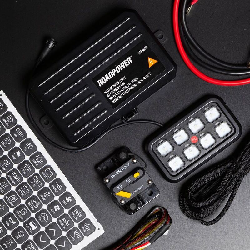 Roadpower Switch Panel 8 Way 10-30V 60A On/Off or Momentary 2 x High Beam Inputs 4 Colour Backlit | Roadpower