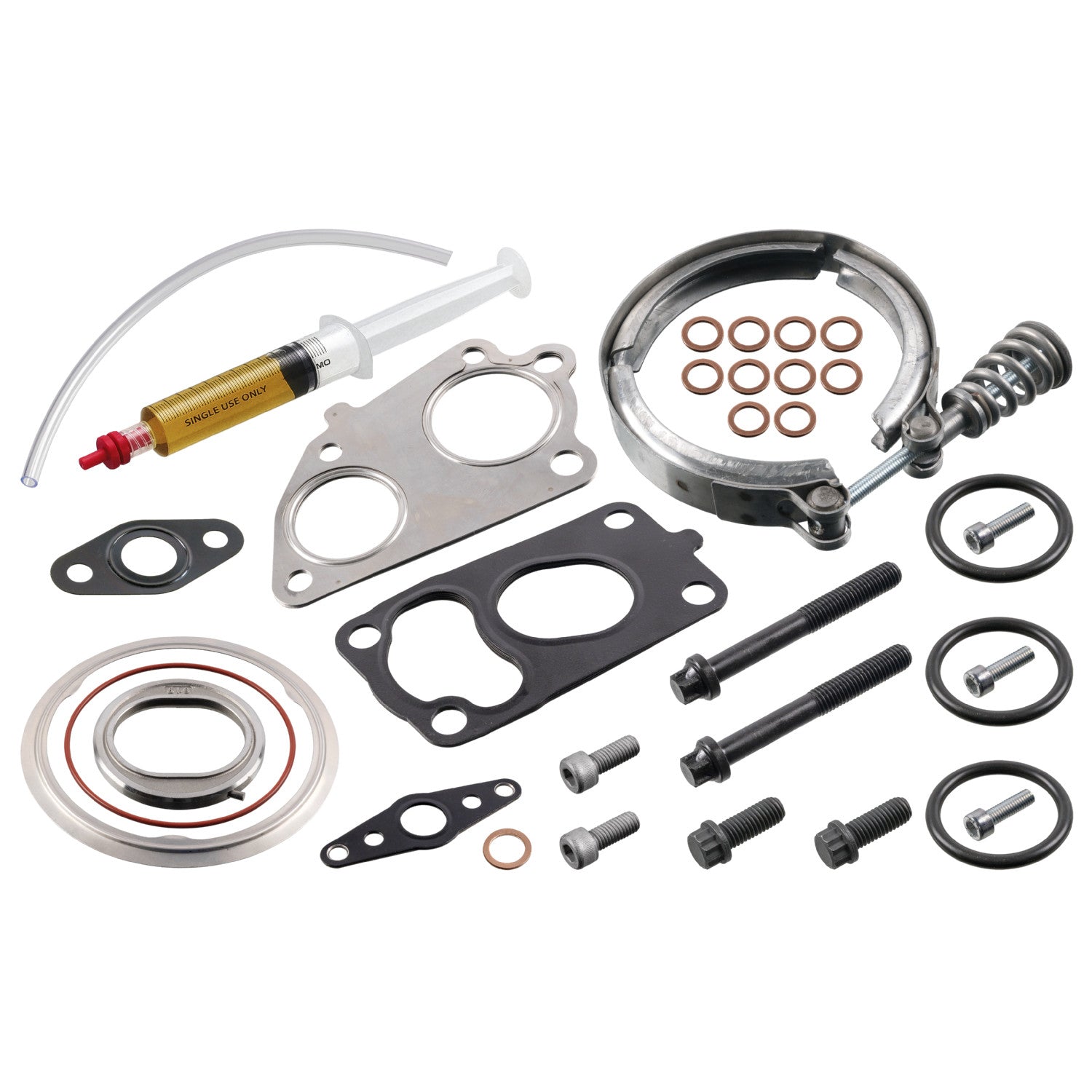 Febi Bilstein 188050 turbocharger mounting kit for BMW M57 - complete gasket, clamp, bolt and washer set with assembly oil