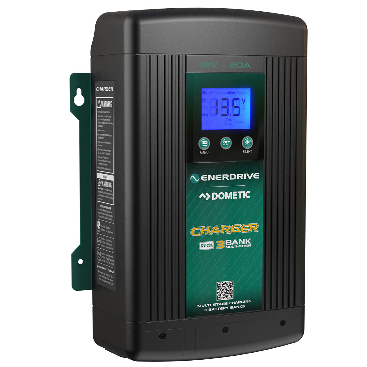 Enerdrive ePOWER 12V 20A Battery Charger EN31220 - angled view showing mounting bracket and side warning label