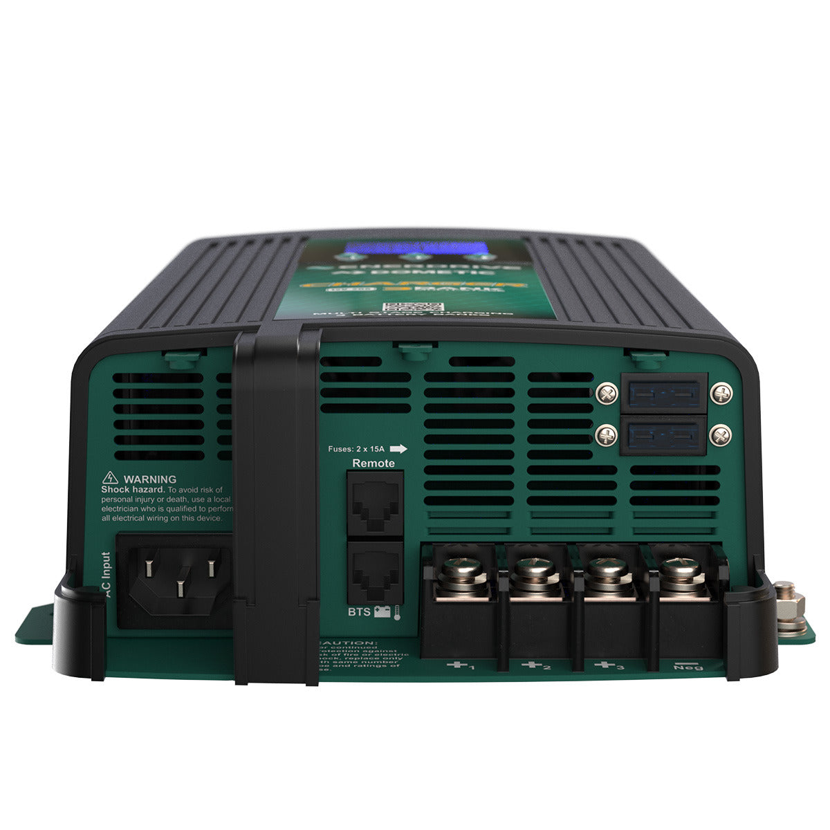EN31220 connection panel - AC input, Remote and BTS ports, 2 x 15A fuses and three battery bank output terminals