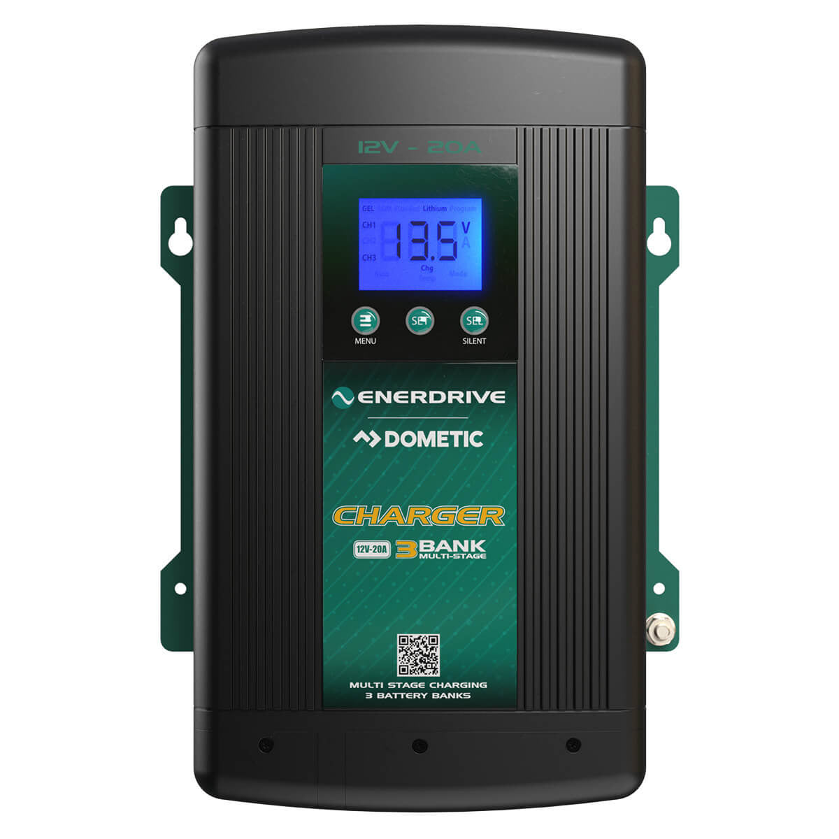 Enerdrive ePOWER 12V 20A 3 Bank Multi-Stage Battery Charger EN31220 - front view with LCD display and menu buttons