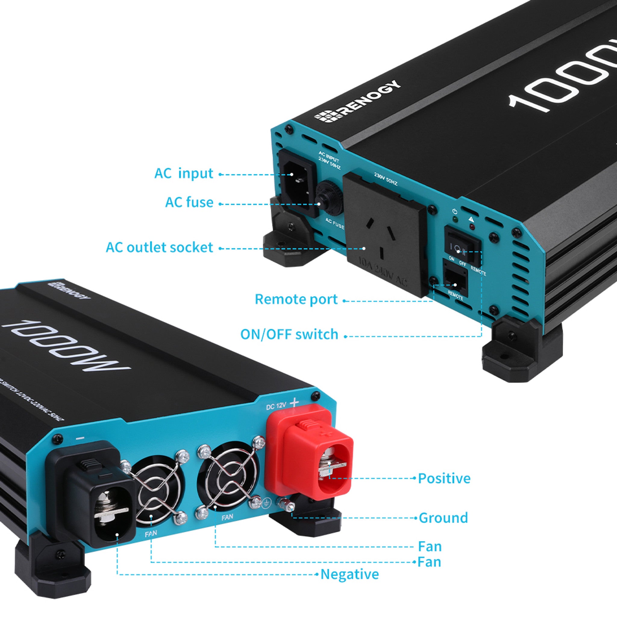 Renogy 1000W 12V to 230V/240V Pure Sine Wave Inverter (with UPS Function) | Renogy