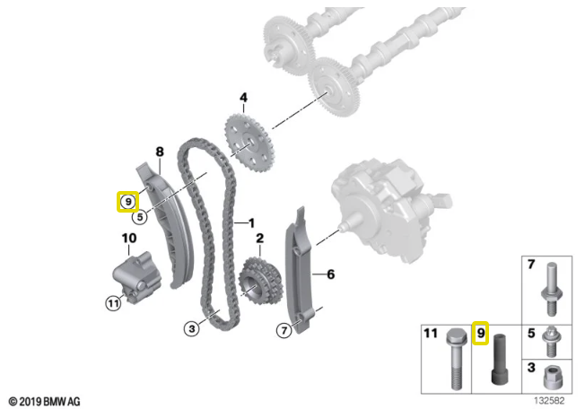 Genuine BMW Bearing Bolt / Timing Chain Guide Tensioner Pin for M57N, M57N2 & N57 - BMW 11317806351