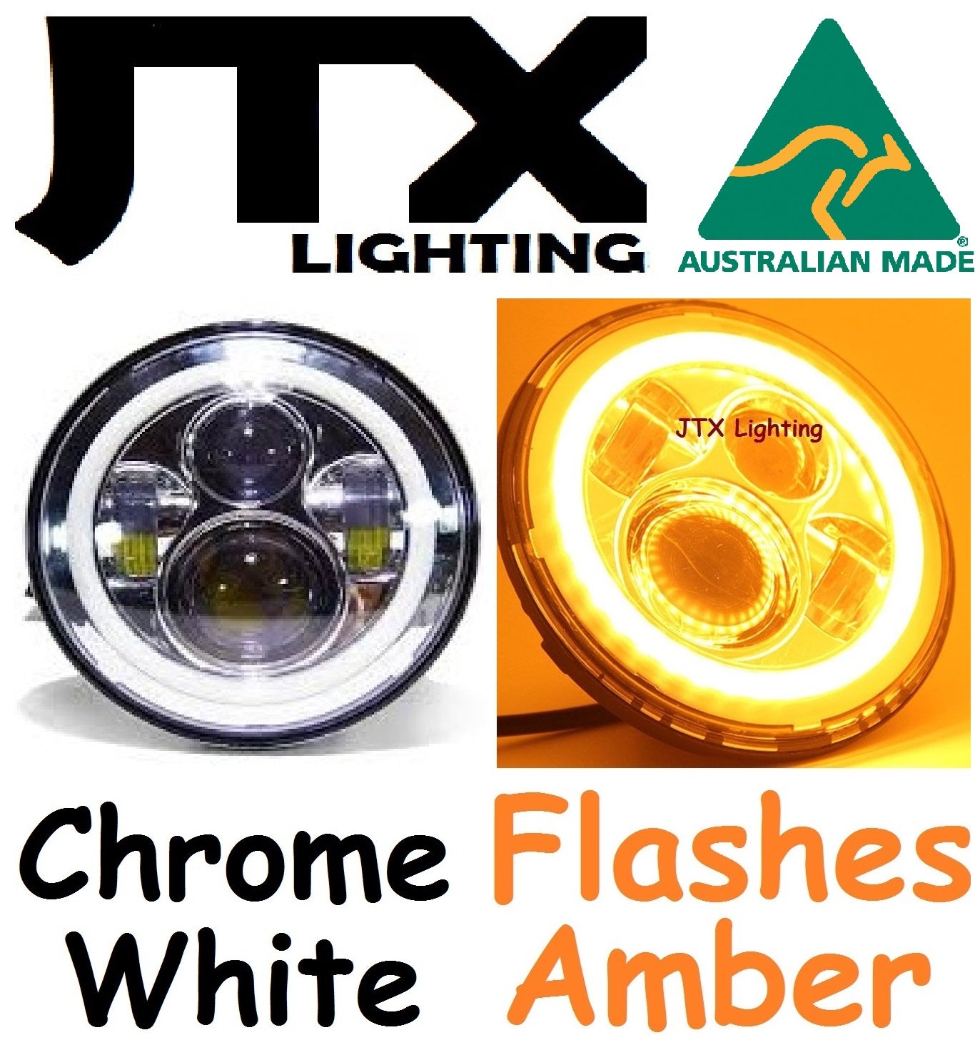 JTX Lighting 7" Chrome LED Headlight Pair w White/Amber Halo | JTX Lighting