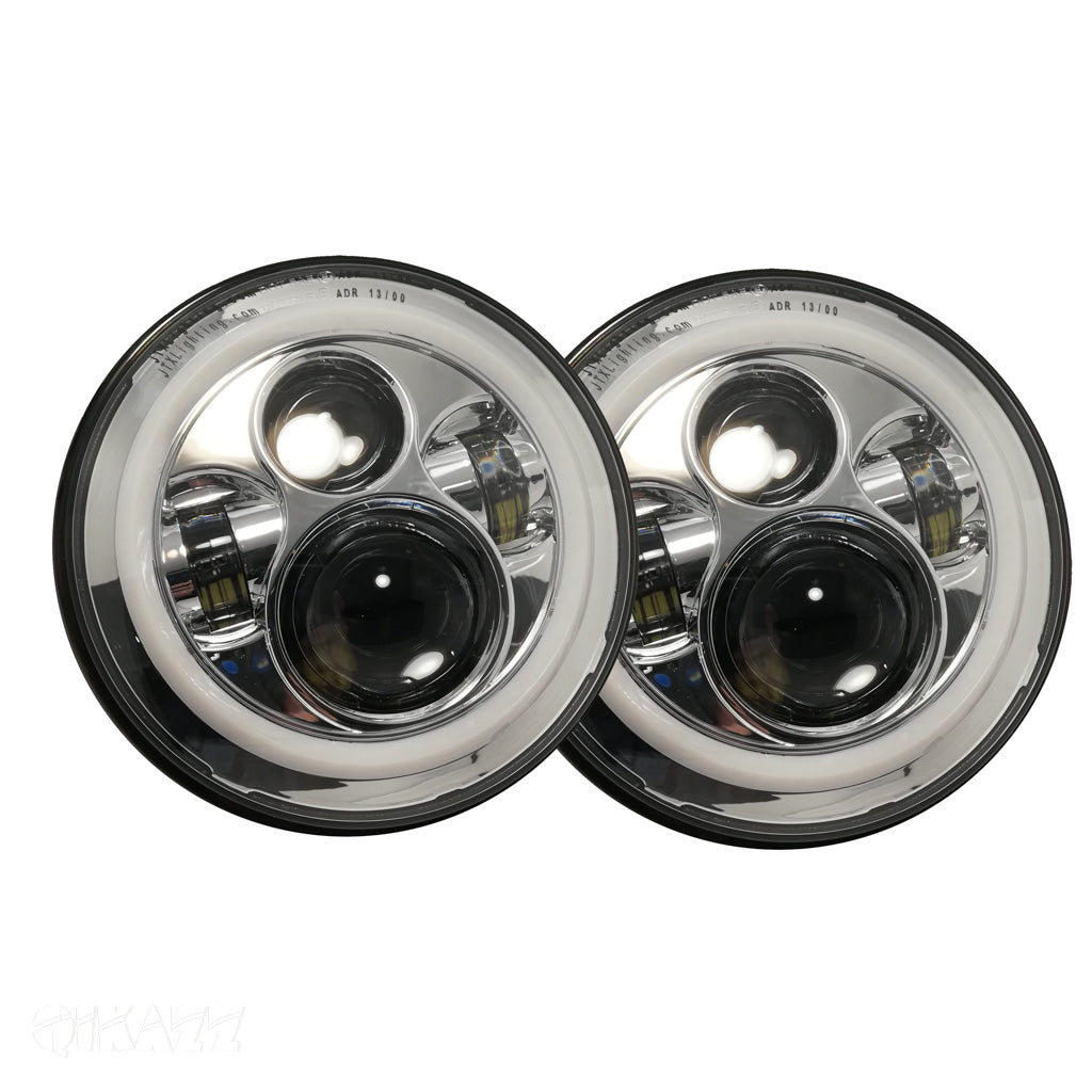 JTX Lighting 7" Chrome LED Headlight Pair w White/Amber Halo | JTX Lighting