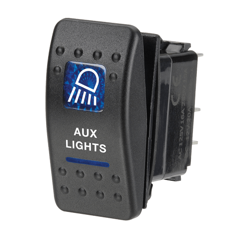 Narva 12 Volt Illuminated Off/On Sealed Rocker Switch with "Aux Lights" Symbol (Blue) - 63144BL | Narva