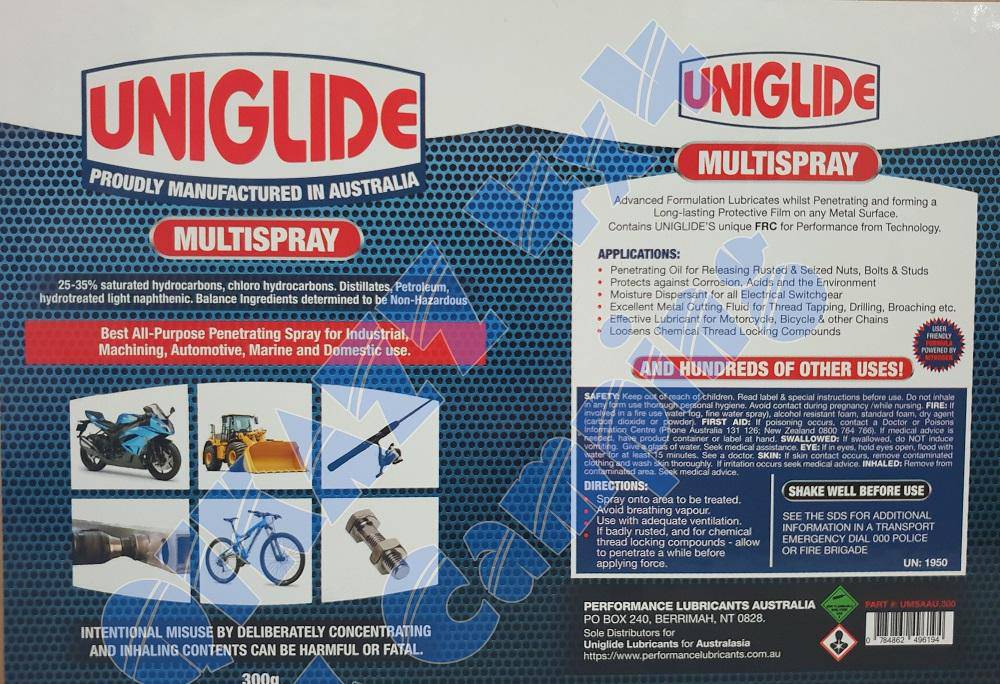 Uniglide Multispray - 300g All Purpose Penetrating Spray / Lubricant - 1 Carton (12 x 300g) | Performance Lubricants Australia