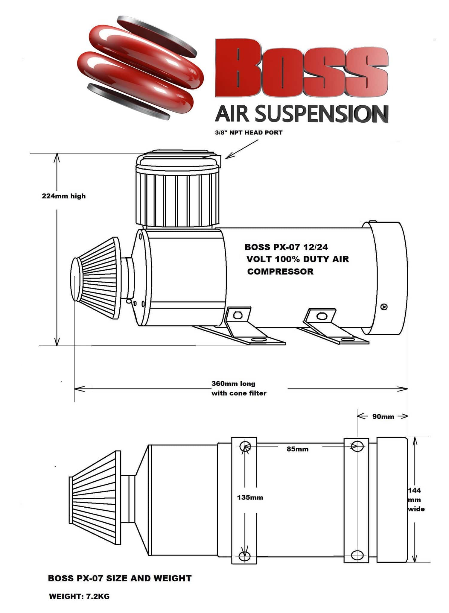 Boss Air PX07 12V 3/4 HP Air Compressor 3.5cfm | Boss Air Suspension