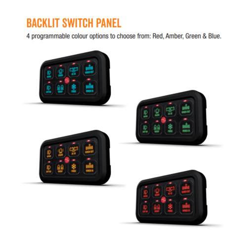 Roadpower Switch Panel 8 Way 10-30V 60A On/Off or Momentary 2 x High Beam Inputs 4 Colour Backlit | Roadpower