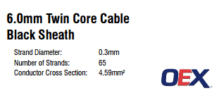 2 Core (Twin Core) Cable 6mm Black Sheath Cable - 1m | OEX
