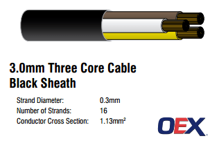 3 Core Cable 3mm Black Sheath Cable - 1m | OEX