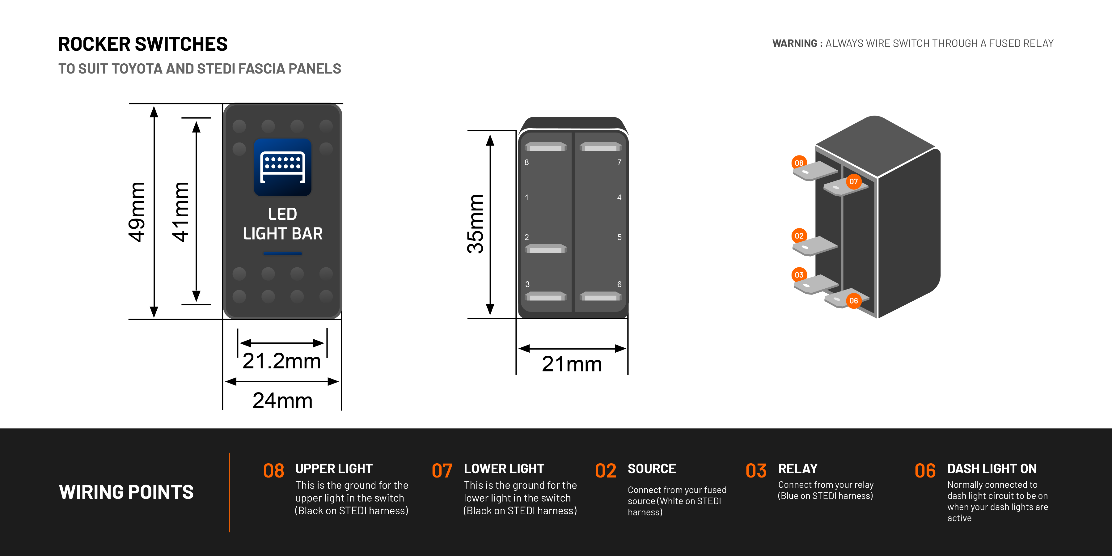 Stedi Switch - Roof LED Light Bar - Carling Type Rocker Switch | Stedi